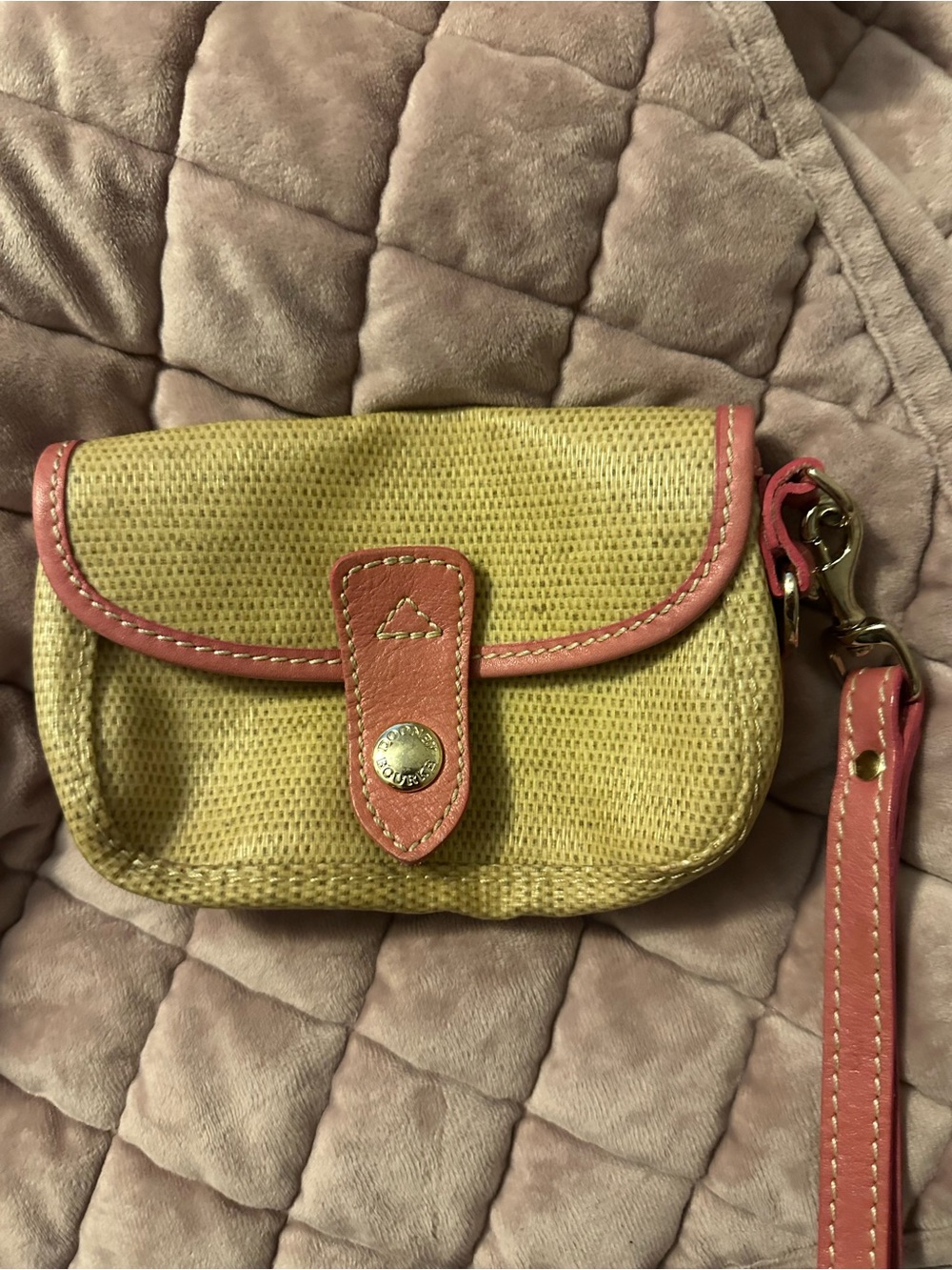 Dooney & Bourke Yellow Straw Wristlet with Coral Trim